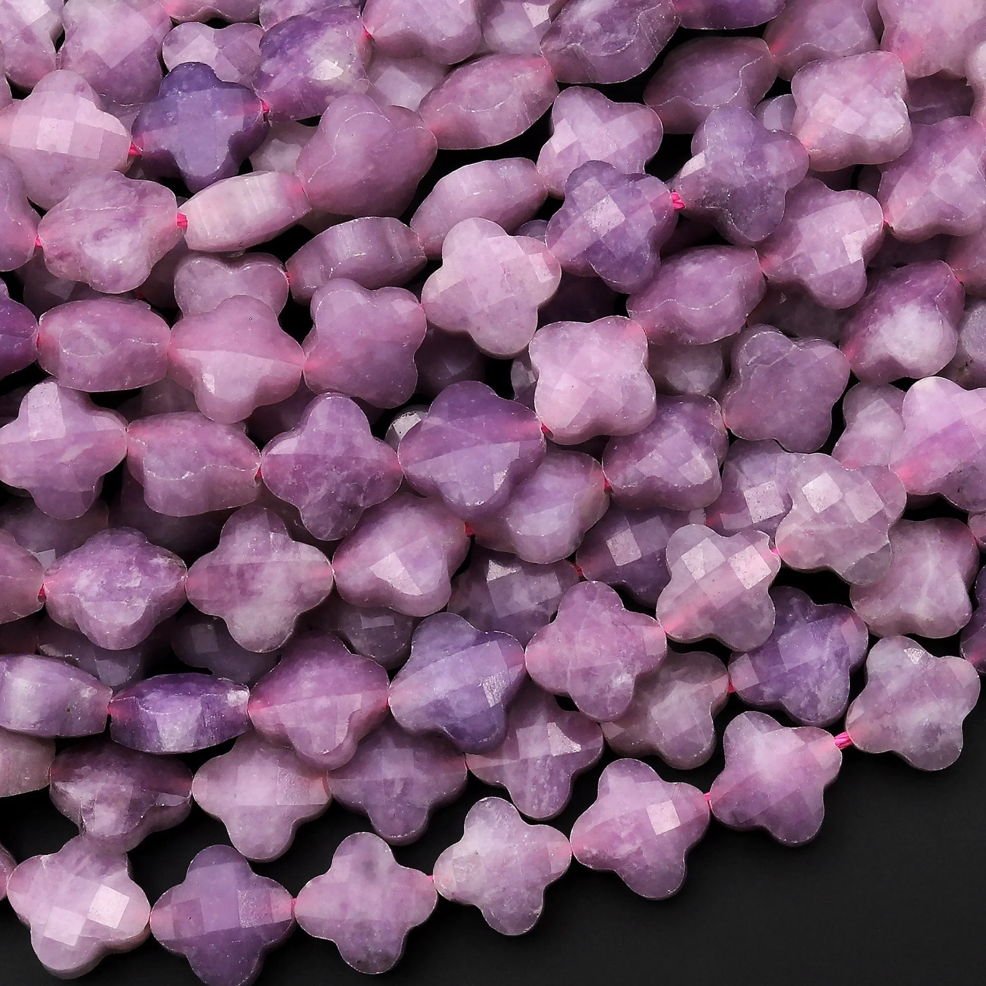 4 Four Leaf Clover Beads Natural Lilac Pink Purple Lepidolite Carved Faceted Flower Gemstone Strand