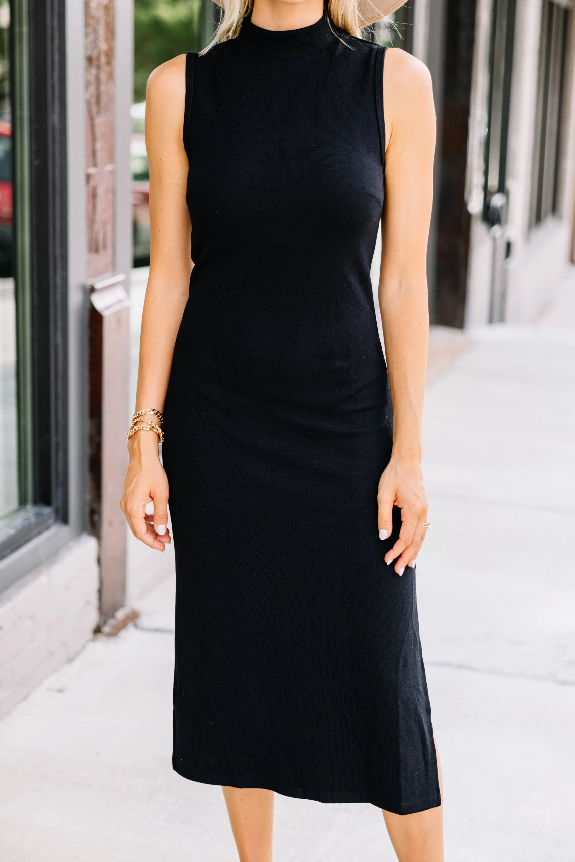 Above All Else Black Ribbed Midi Dress