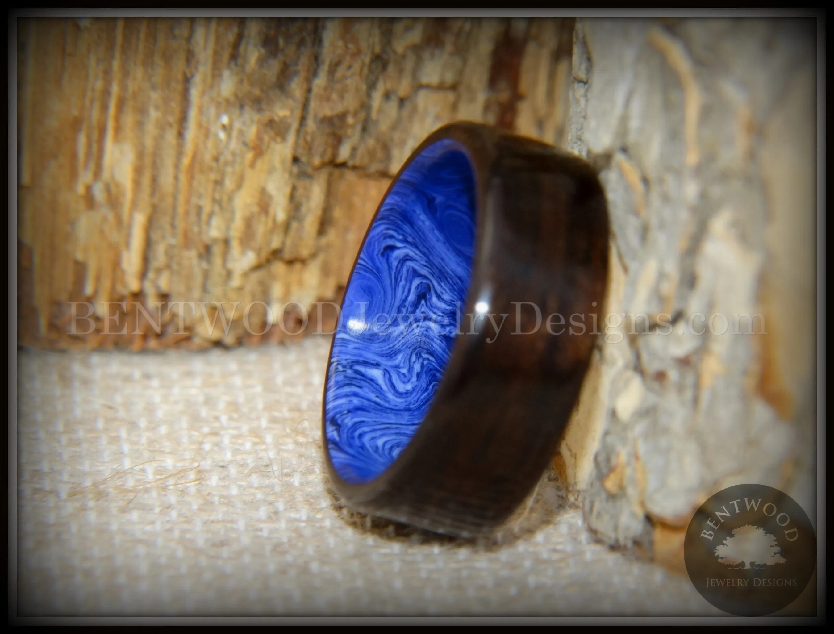 Bentwood Ring - Ultramarine Macassar Ebony on Juma Gemstone Marbled Core