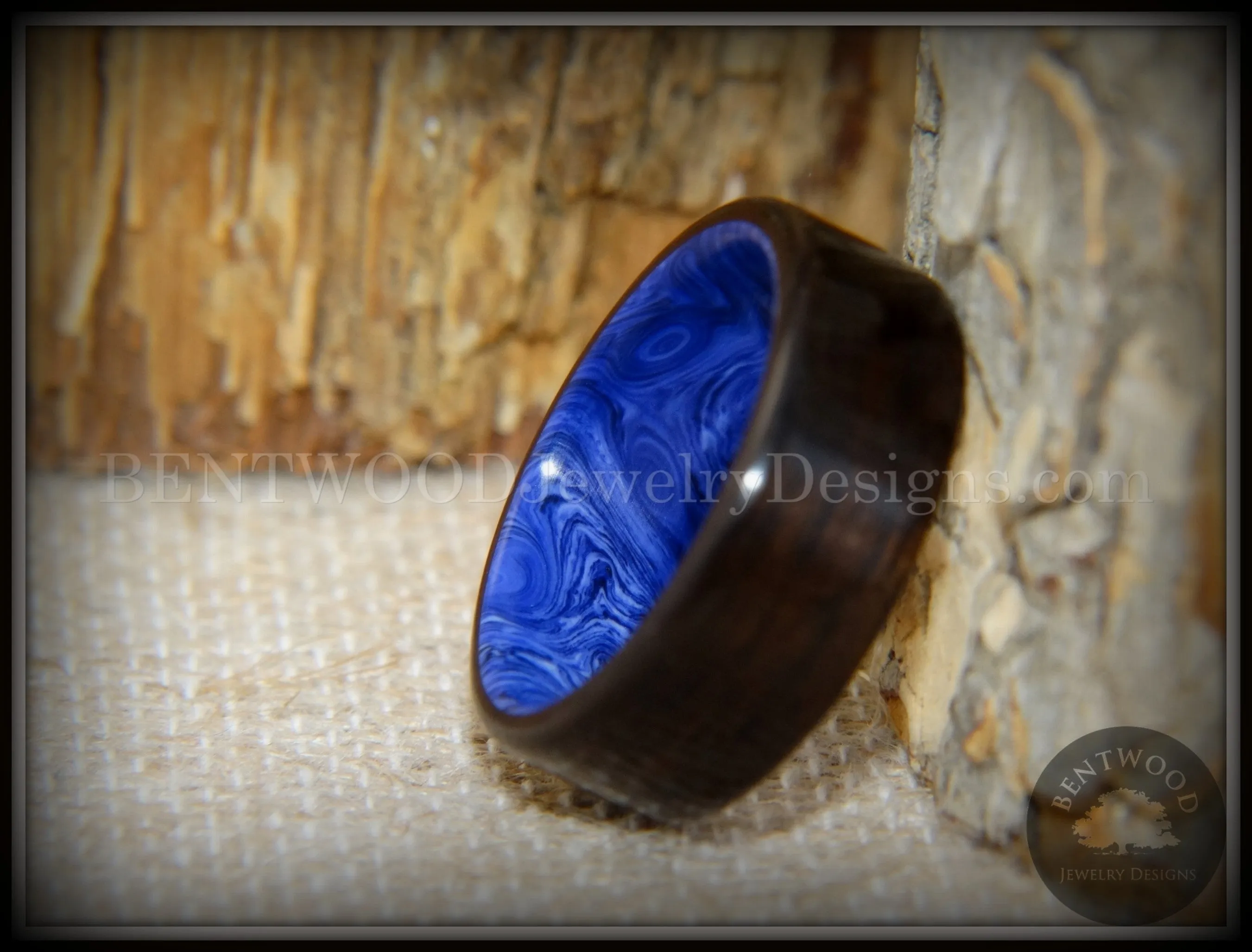 Bentwood Ring - Ultramarine Macassar Ebony on Juma Gemstone Marbled Core