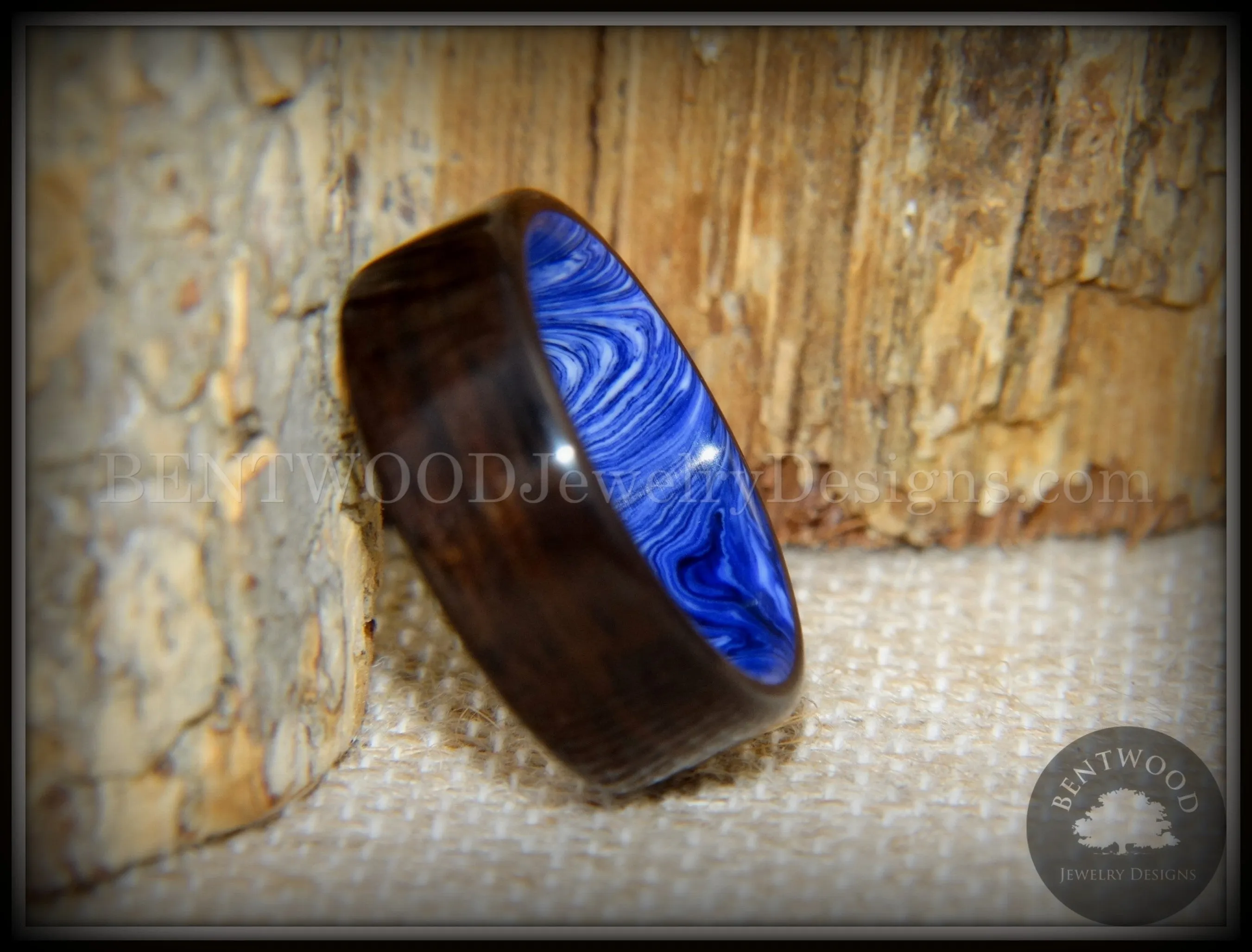 Bentwood Ring - Ultramarine Macassar Ebony on Juma Gemstone Marbled Core