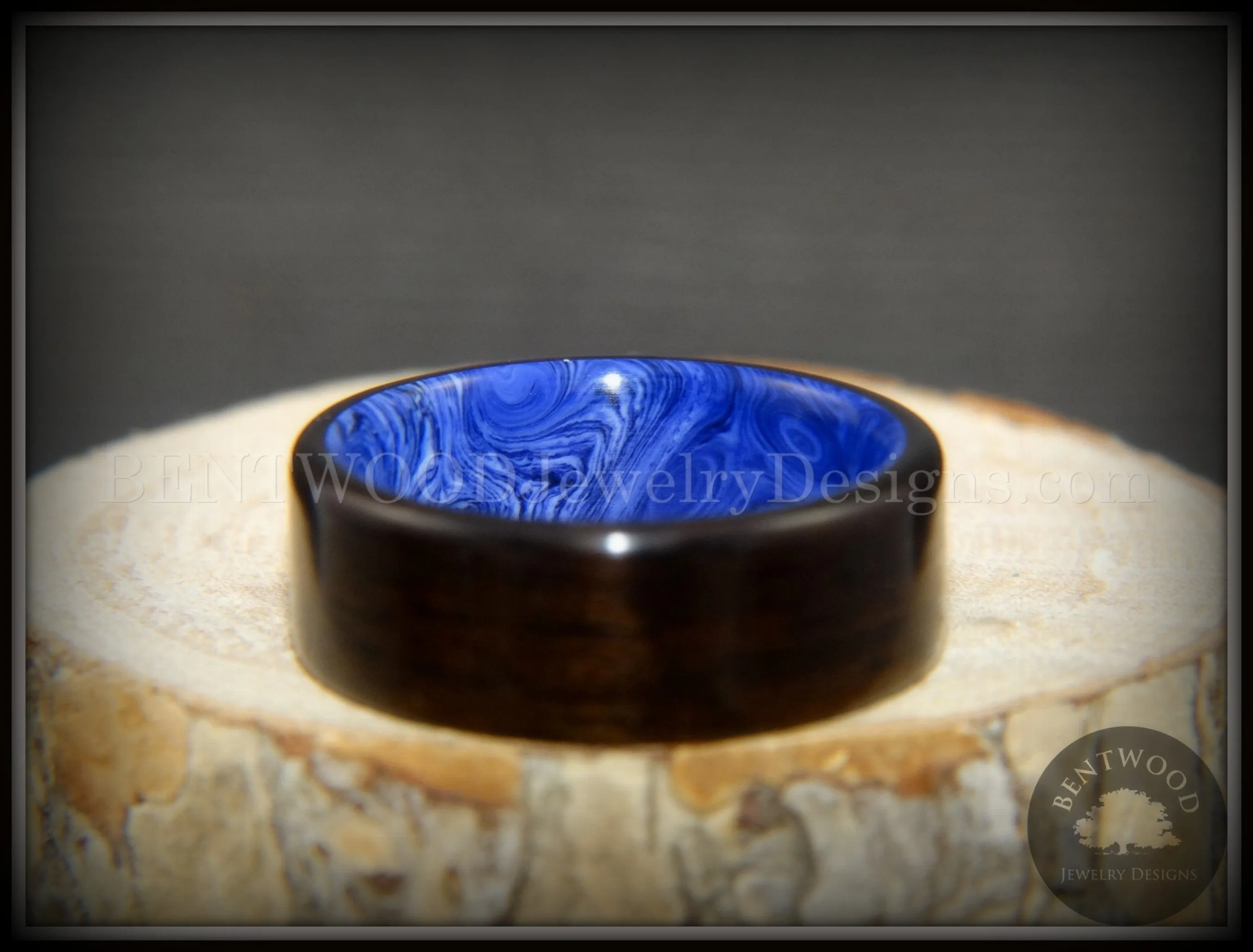 Bentwood Ring - Ultramarine Macassar Ebony on Juma Gemstone Marbled Core