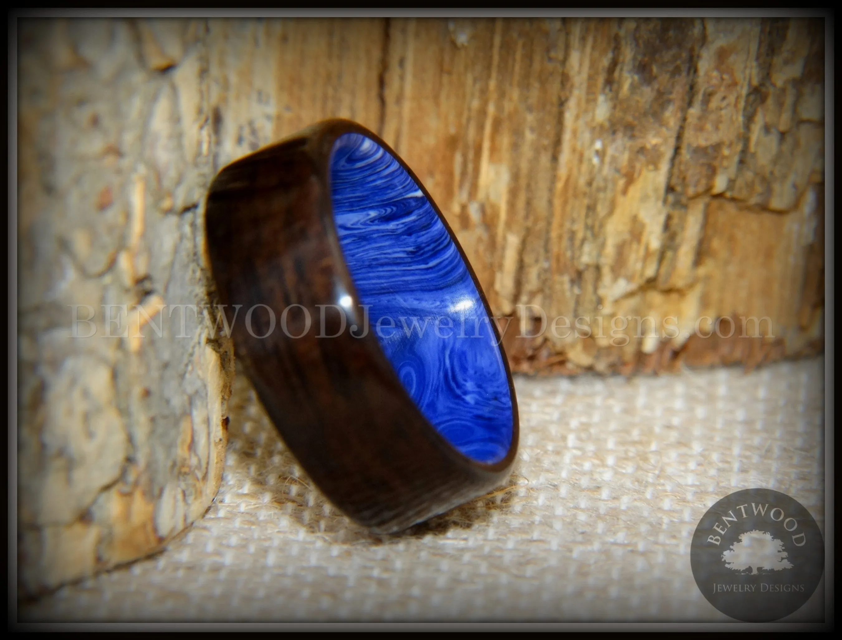 Bentwood Ring - Ultramarine Macassar Ebony on Juma Gemstone Marbled Core