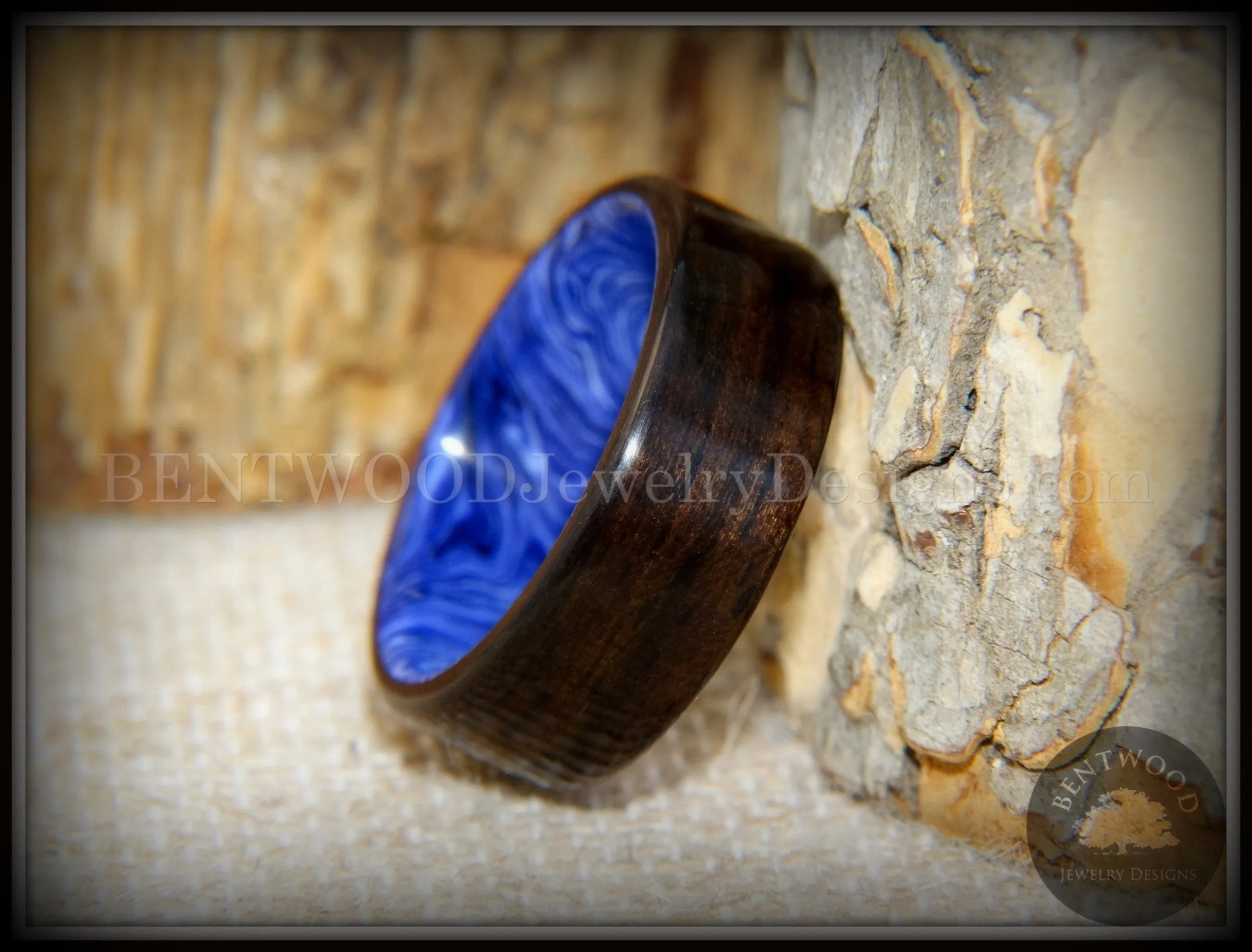 Bentwood Ring - Ultramarine Macassar Ebony on Juma Gemstone Marbled Core