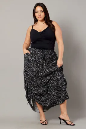 Black Ditsy Maxi Skirt Drawstring Side