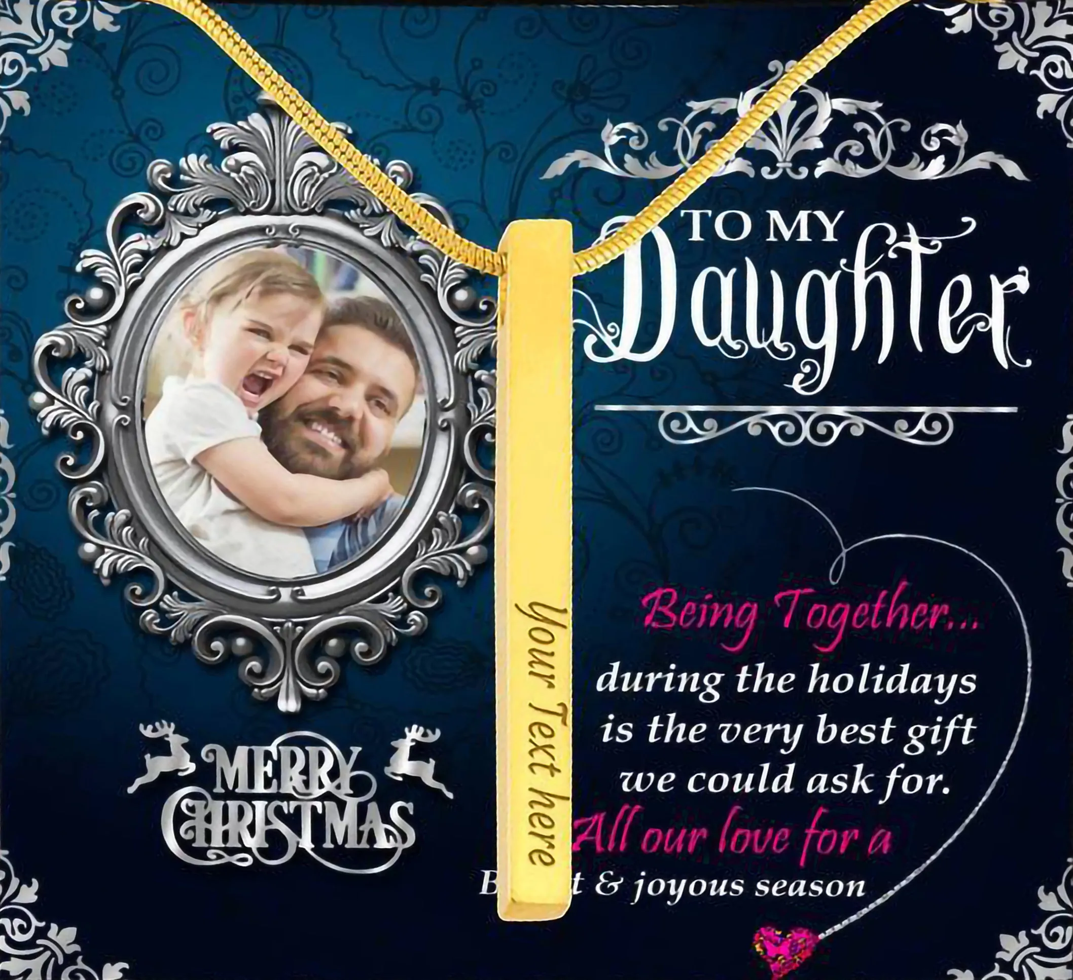 Dad To Daughter 4 Sided Custom Name Engraving Vertical Bar Necklace With Christmas Gift For Daughter Message Card