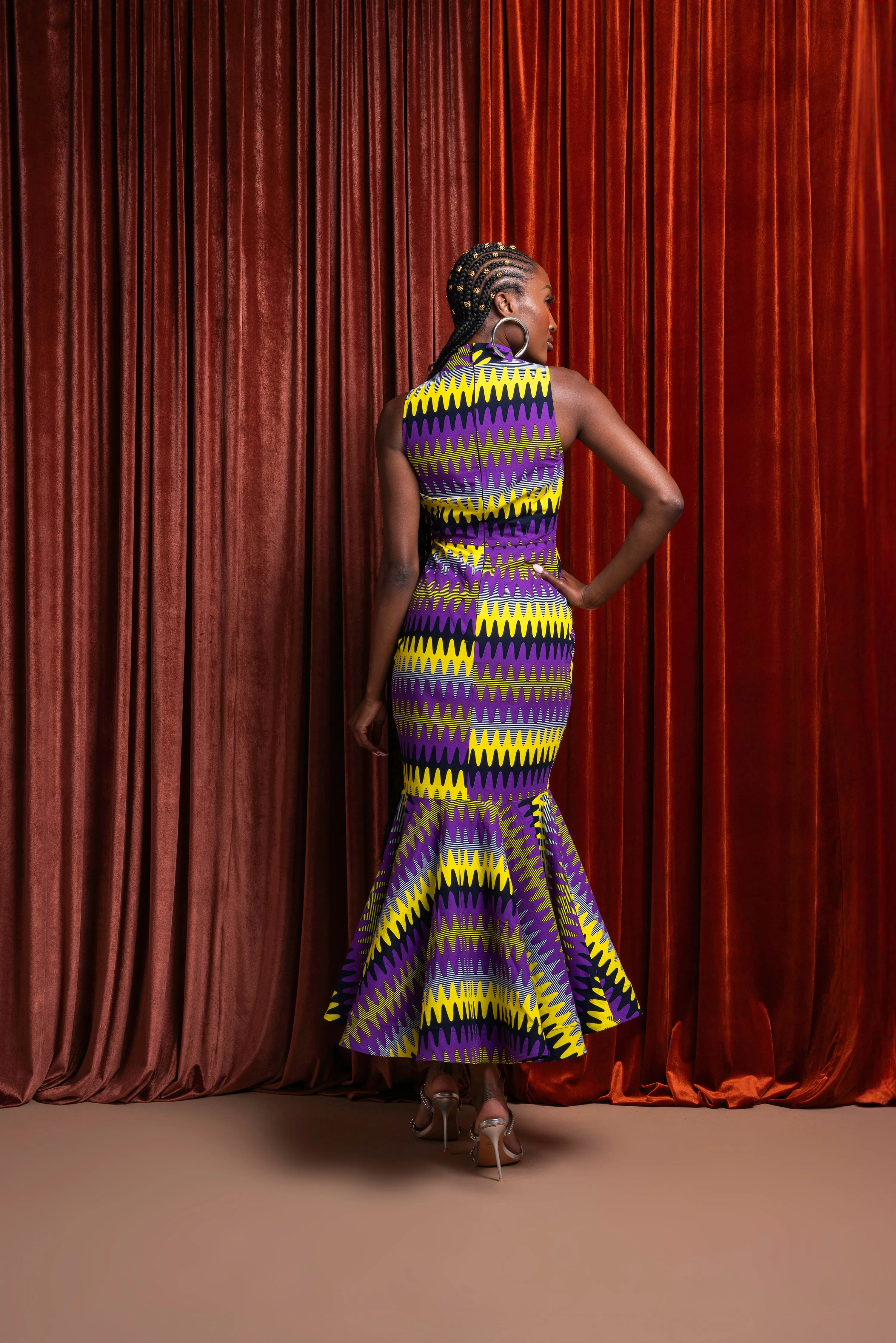 FEMI African Print Maxi Mock Neck Peplum Dress