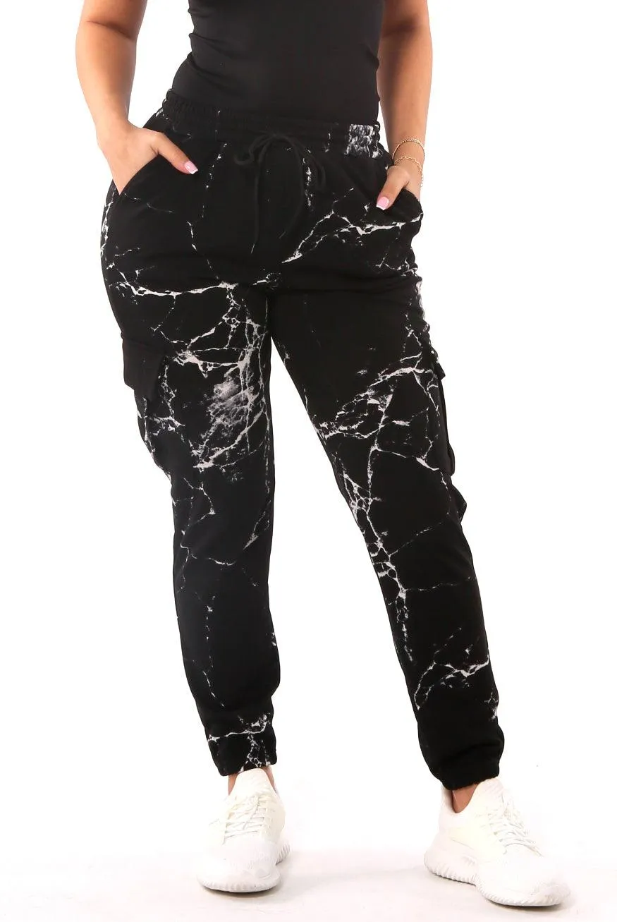 Fleece Lined Cargo Sweatpants - Black & White Marble