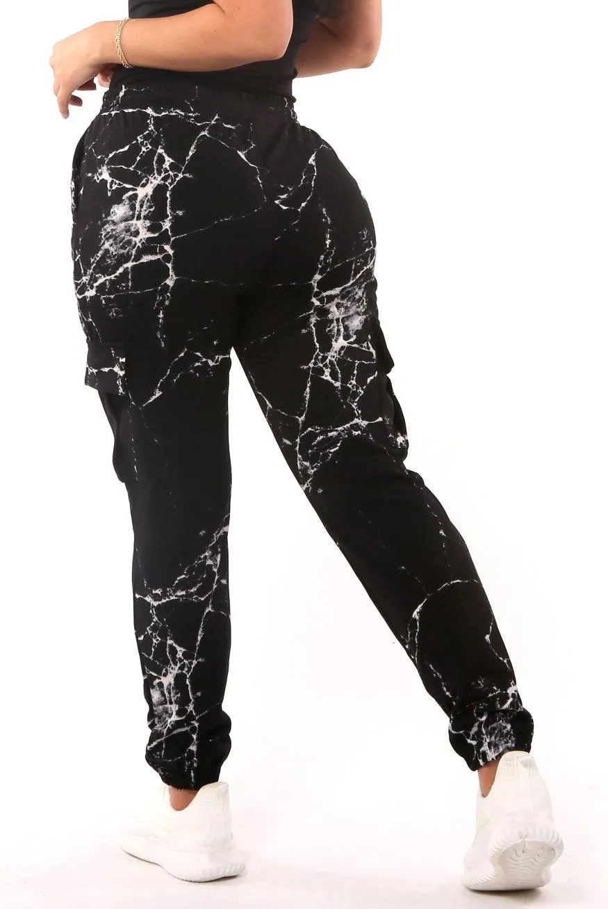 Fleece Lined Cargo Sweatpants - Black & White Marble