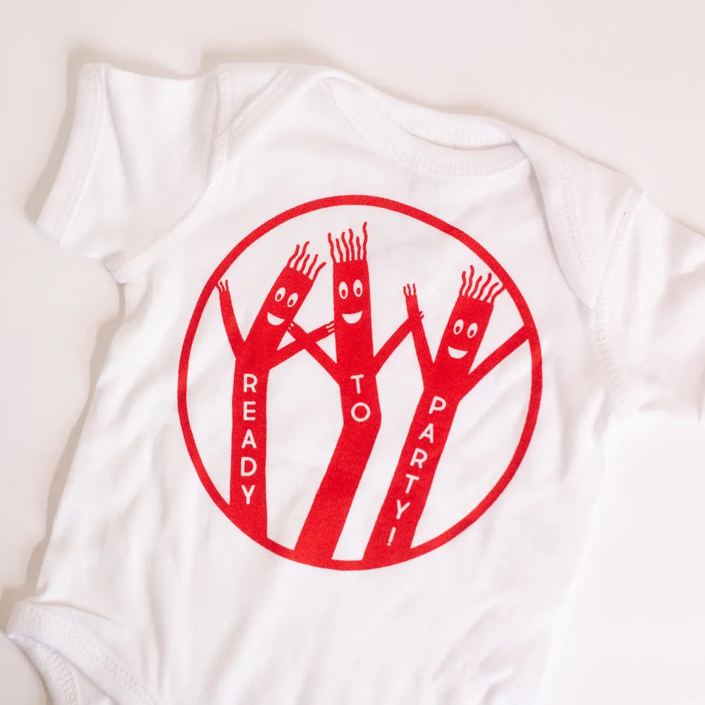 funny baby onesie, wacky waving inflatable tube man baby bodysuit, ready to party tshirt, unique baby onesie