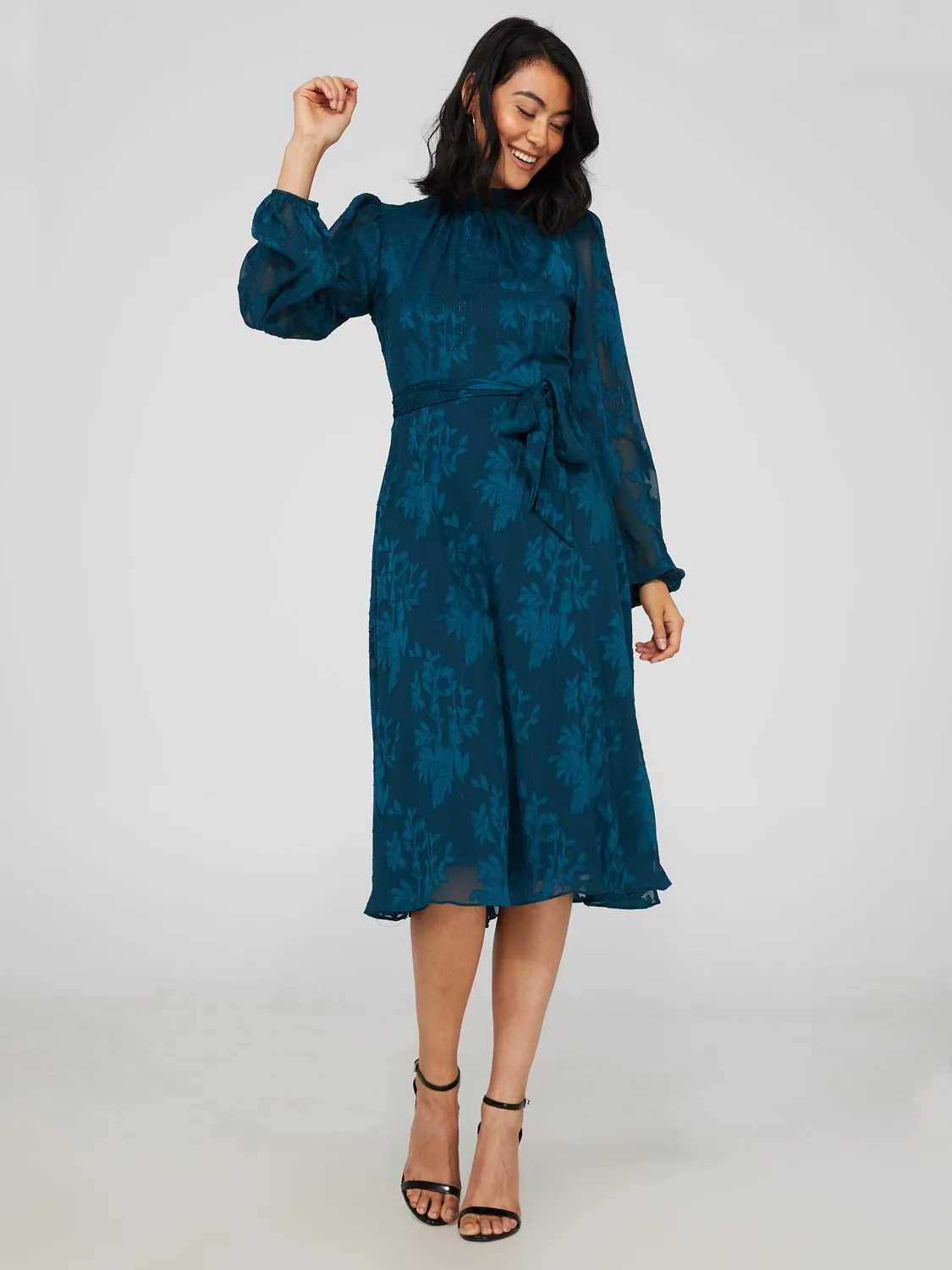 High Twist Metallic Jacquard Mock Neck Midi Dress