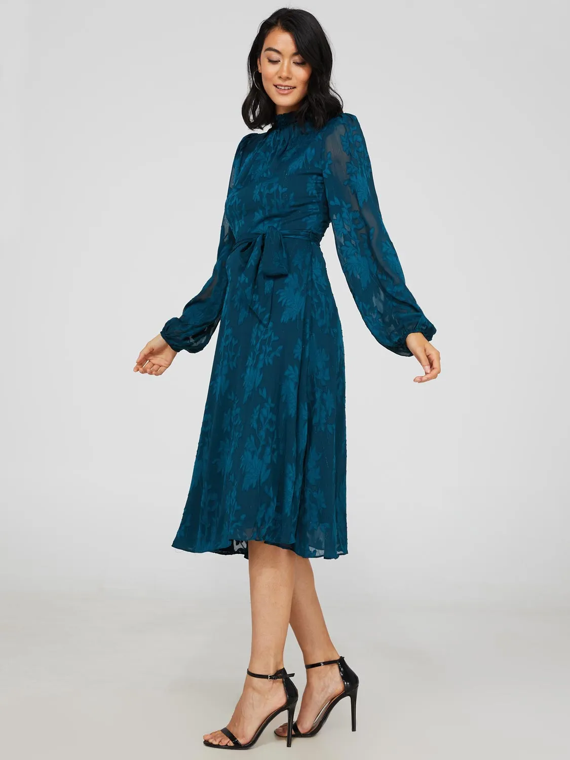 High Twist Metallic Jacquard Mock Neck Midi Dress