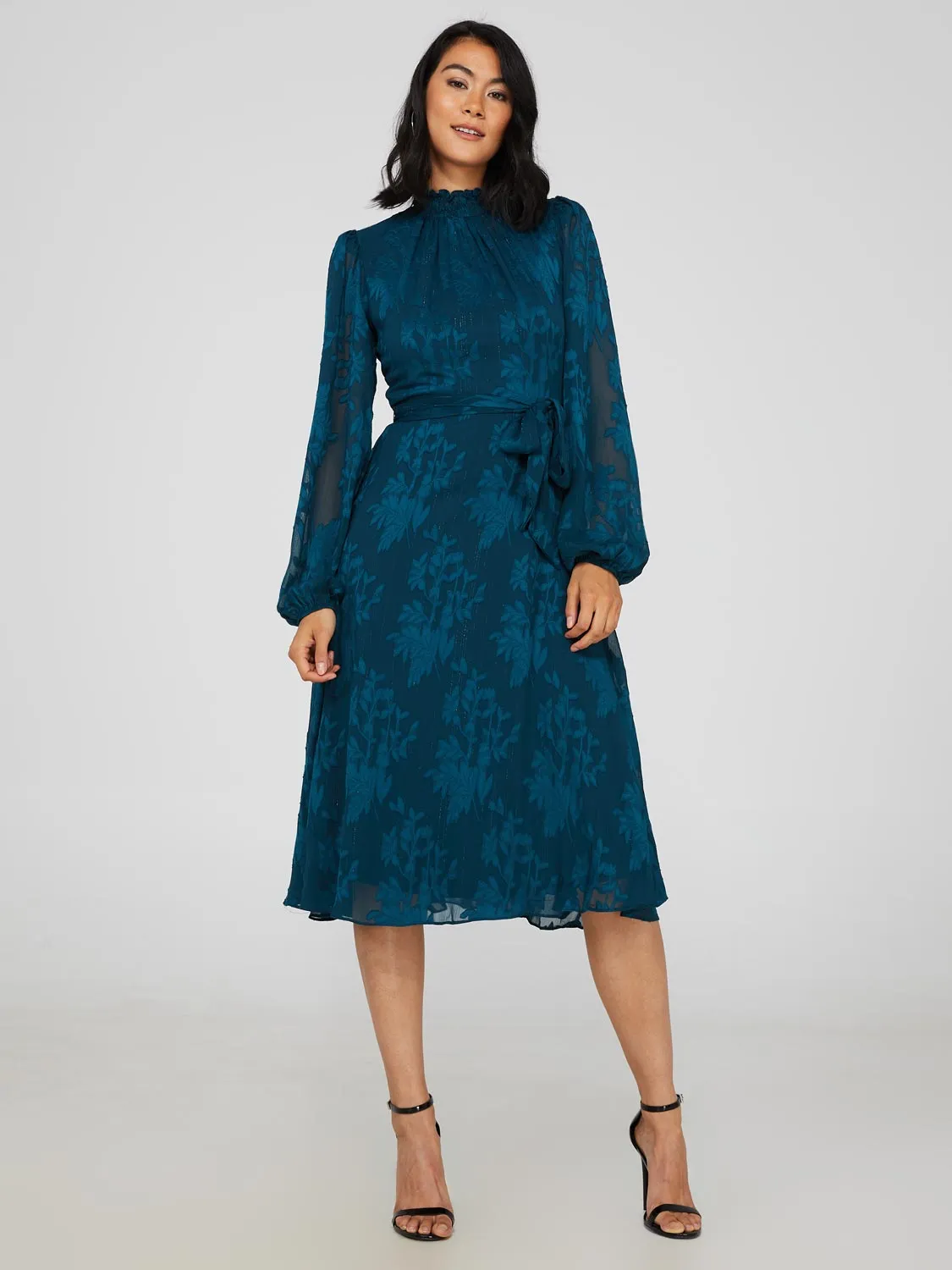 High Twist Metallic Jacquard Mock Neck Midi Dress