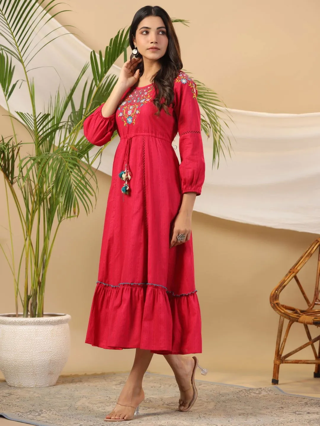 Juniper Fuchsia Floral Embroidered Cotton Dobby Tiered Maxi Dress With Kaudis & Colourful Tassels