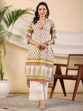 Juniper Women Beige Ethnic Motif Printed High Low Cotton Kurta With Kaudis Tassels & Contract Piping