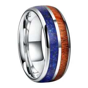 Koa Wood & Lapis Lazuli Silver Tungsten Ring (8mm)