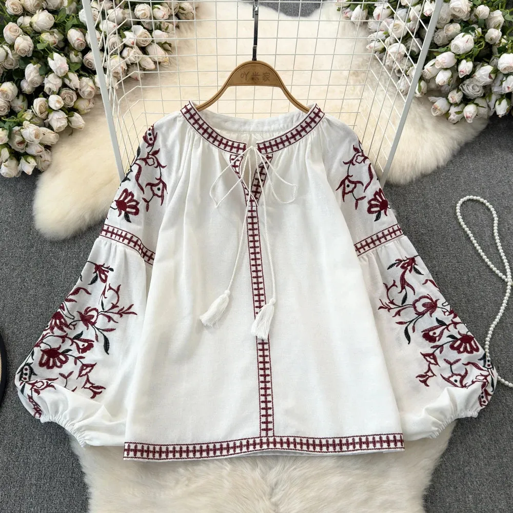 Long Sleeve Round Neck Embroidered Loose Tied Cotton and Hemp Doll Shirt