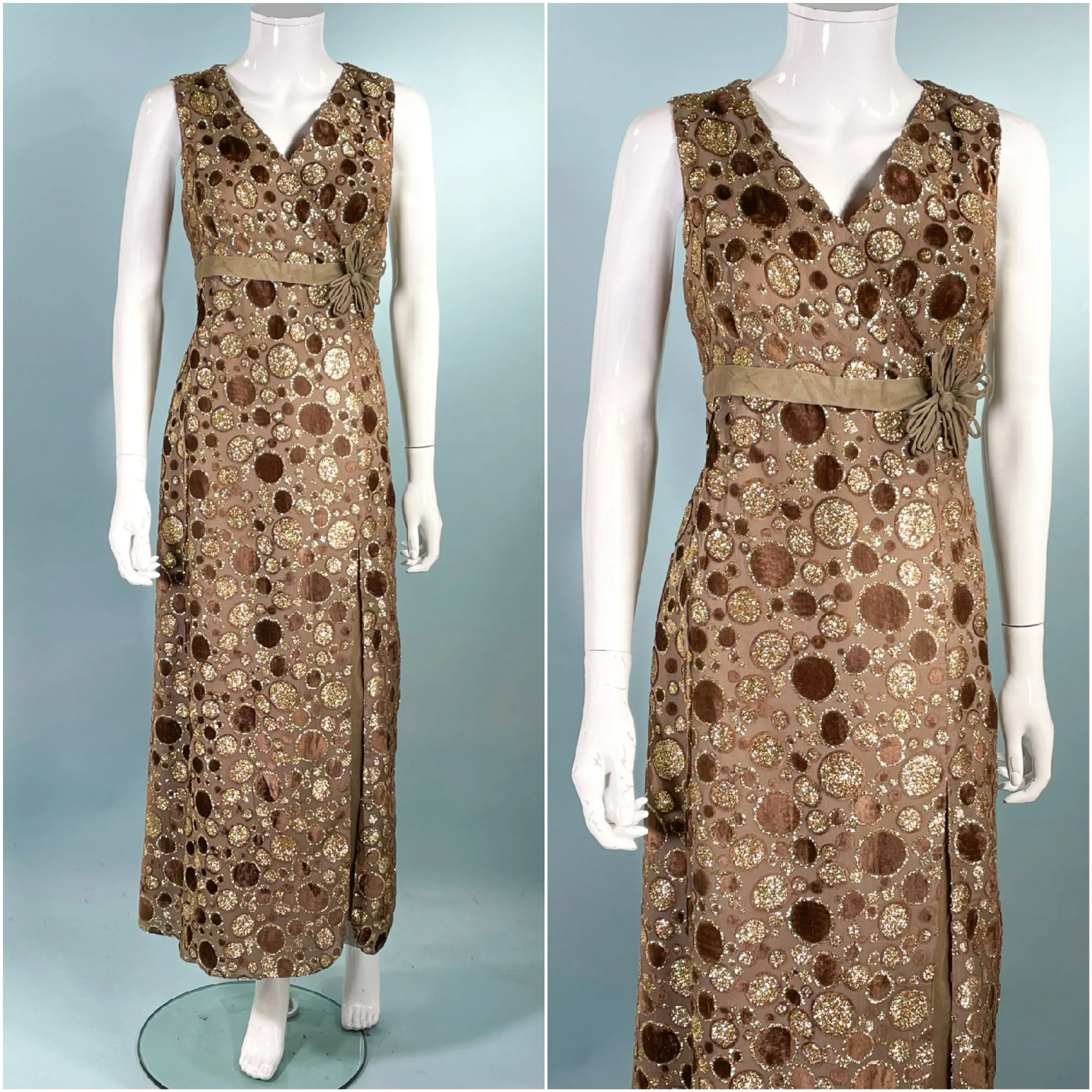 Louis Feraud Paris Couture Brown Velvet/Gold Maxi Dress, Cocktail Eveningwear