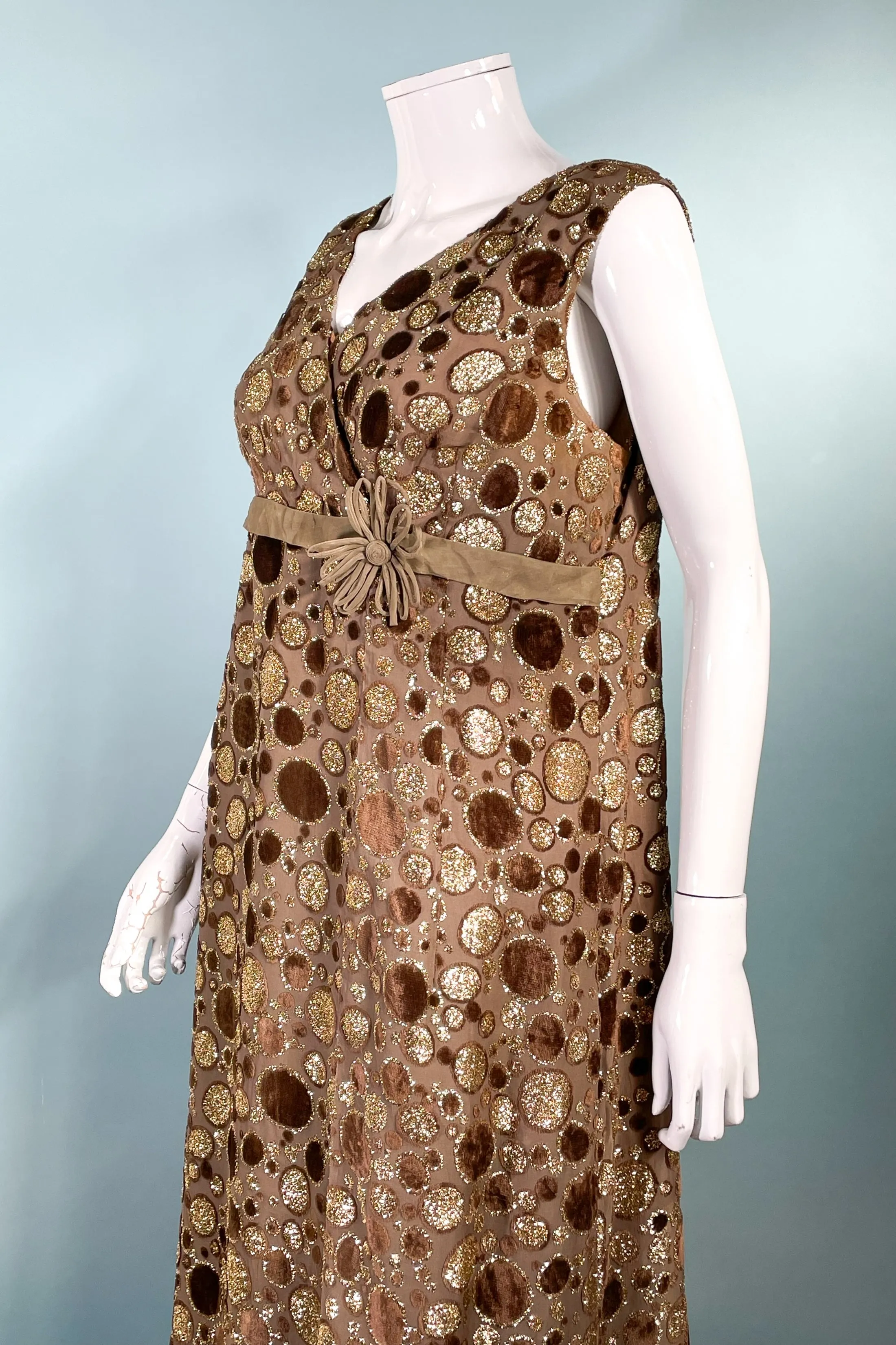 Louis Feraud Paris Couture Brown Velvet/Gold Maxi Dress, Cocktail Eveningwear