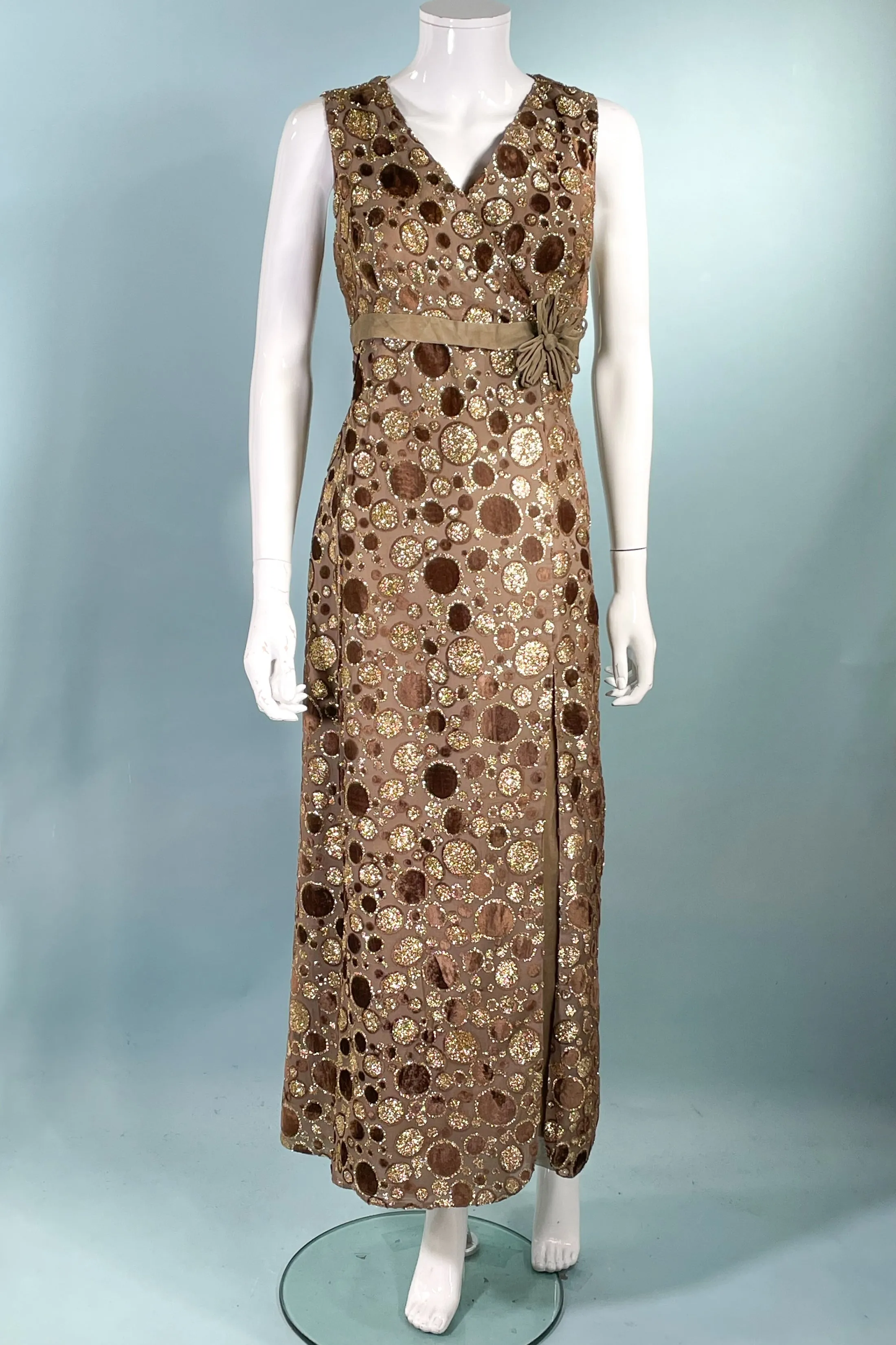 Louis Feraud Paris Couture Brown Velvet/Gold Maxi Dress, Cocktail Eveningwear