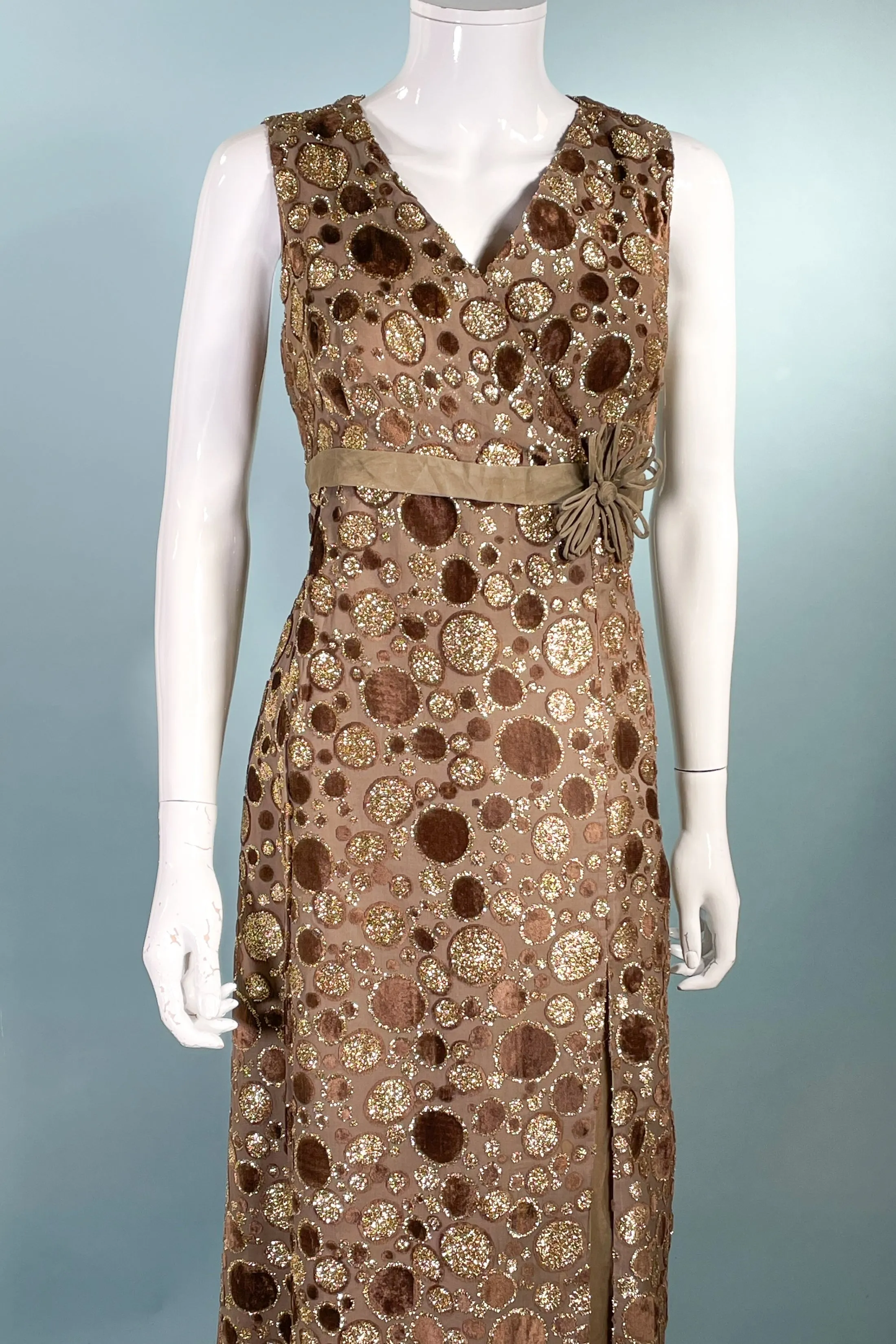 Louis Feraud Paris Couture Brown Velvet/Gold Maxi Dress, Cocktail Eveningwear