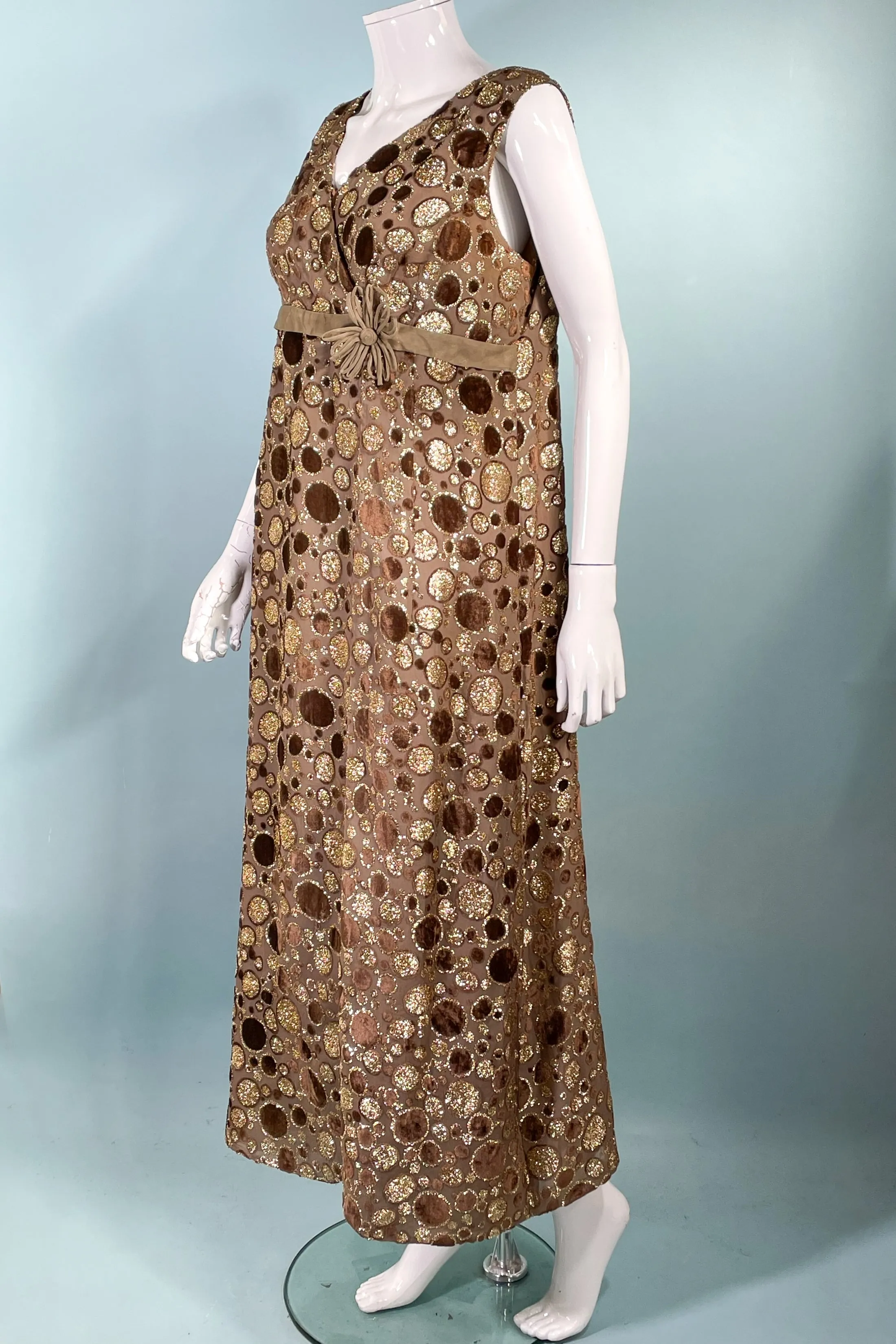 Louis Feraud Paris Couture Brown Velvet/Gold Maxi Dress, Cocktail Eveningwear