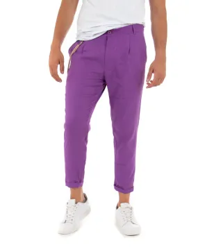 Pantaloni Uomo Lino Tinta Unita Viola Elegante Tasca America Con Pinces GIOSAL-P3837A