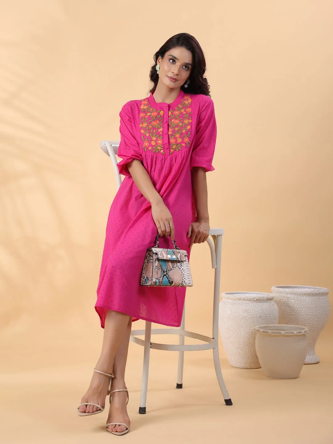 Pink Dobby Cotton Yoke Embroidery A-Line Dress