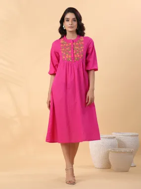 Pink Dobby Cotton Yoke Embroidery A-Line Dress