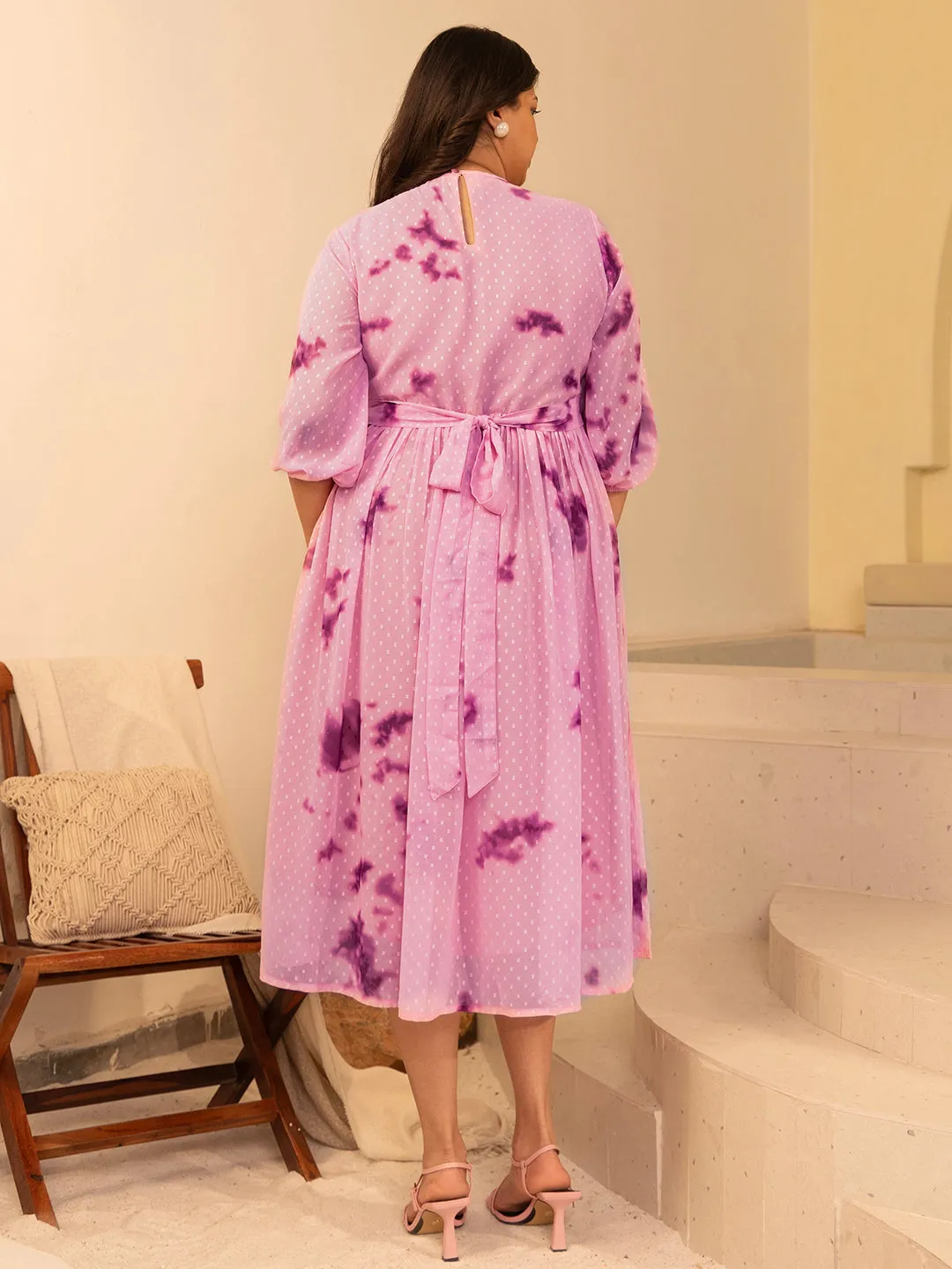 Pink Dobby Georgette Tie-Dye Fit & Flare Dress