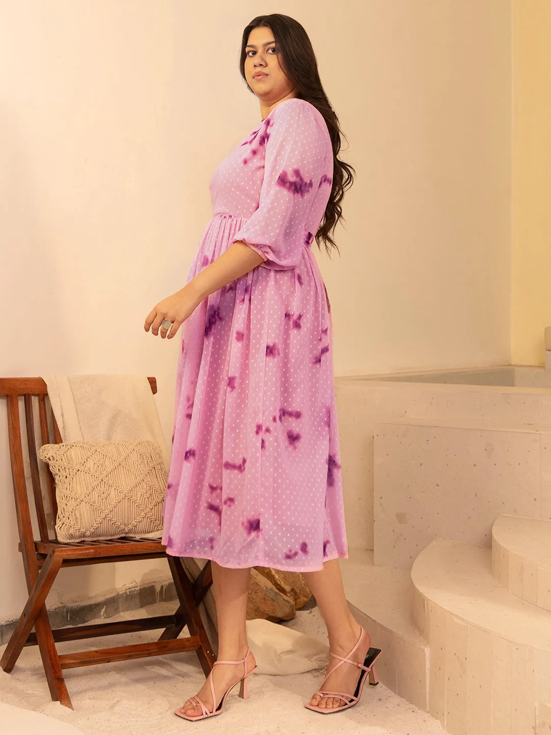 Pink Dobby Georgette Tie-Dye Fit & Flare Dress