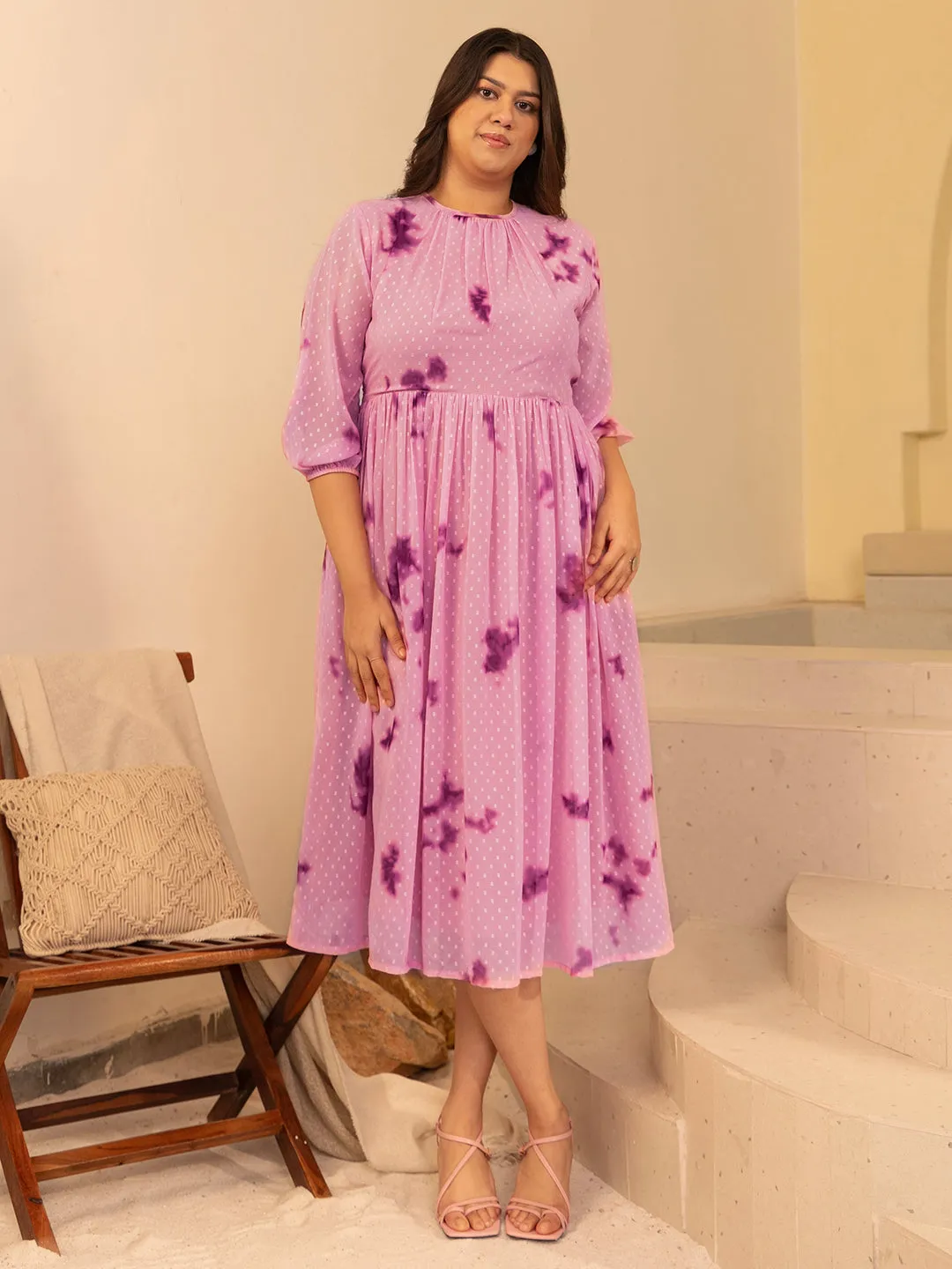 Pink Dobby Georgette Tie-Dye Fit & Flare Dress