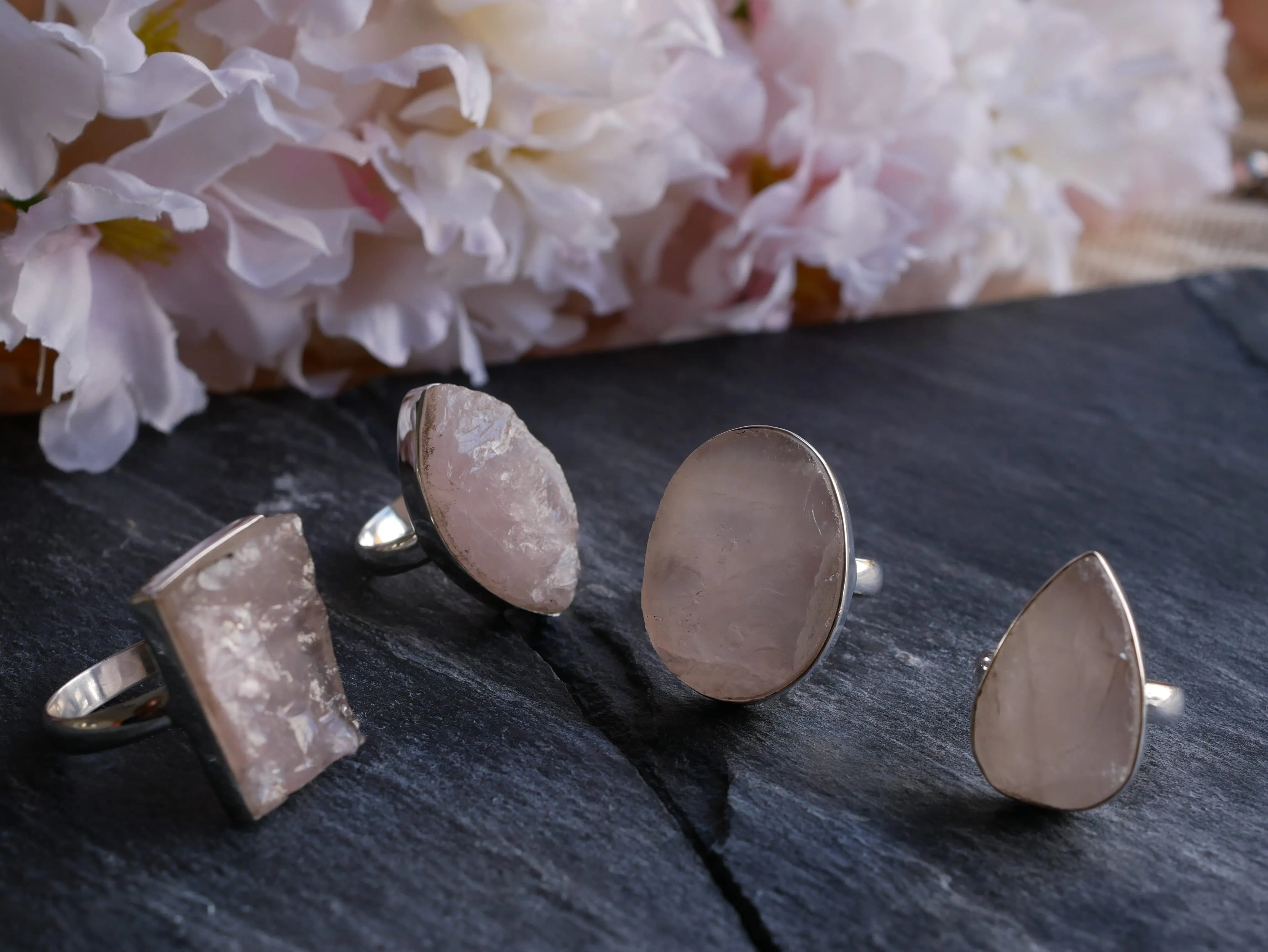 Raw Rose Quartz Akoni Rings - Mixed shapes