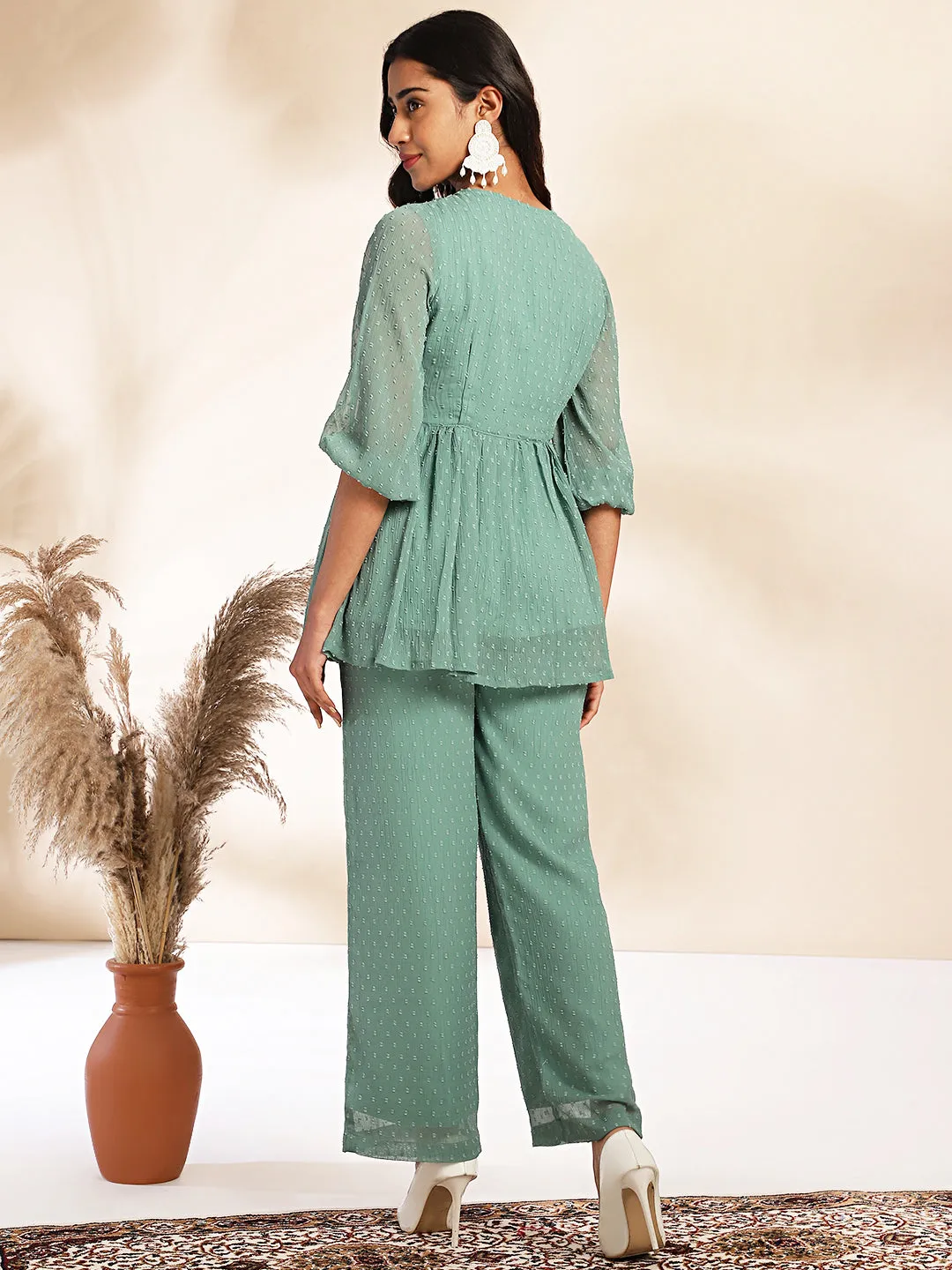 Sage Dobby Chiffon Woven Design Peplum Co-ord Set