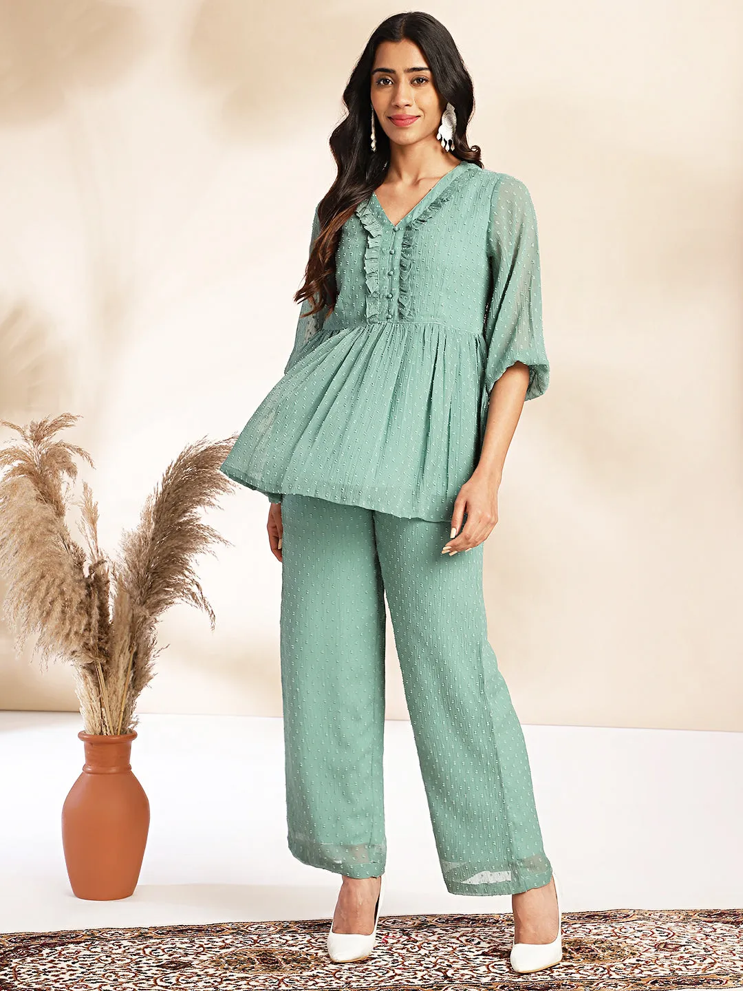 Sage Dobby Chiffon Woven Design Peplum Co-ord Set