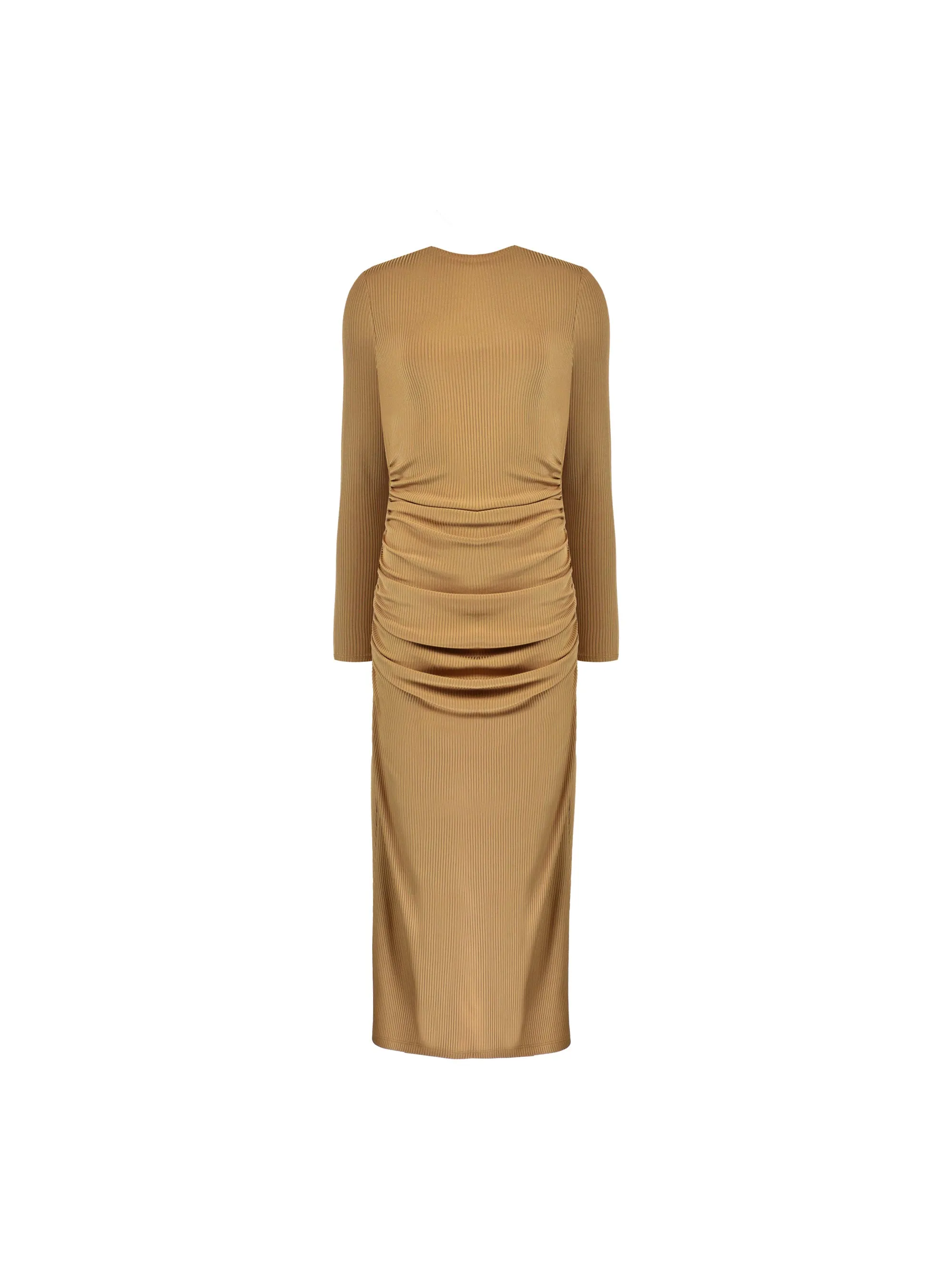 Tan Ribbed Jersey Gathered Dress