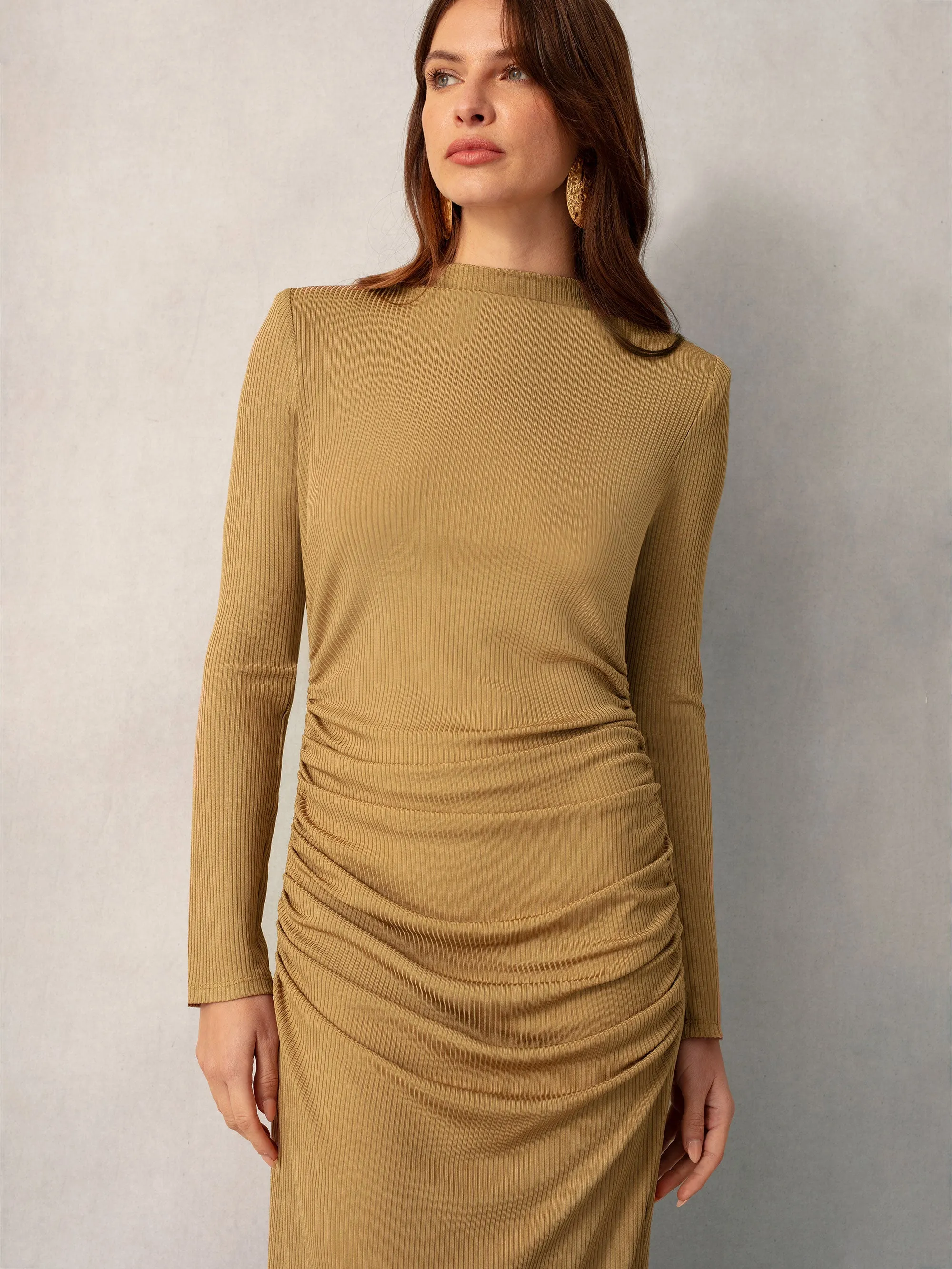 Tan Ribbed Jersey Gathered Dress