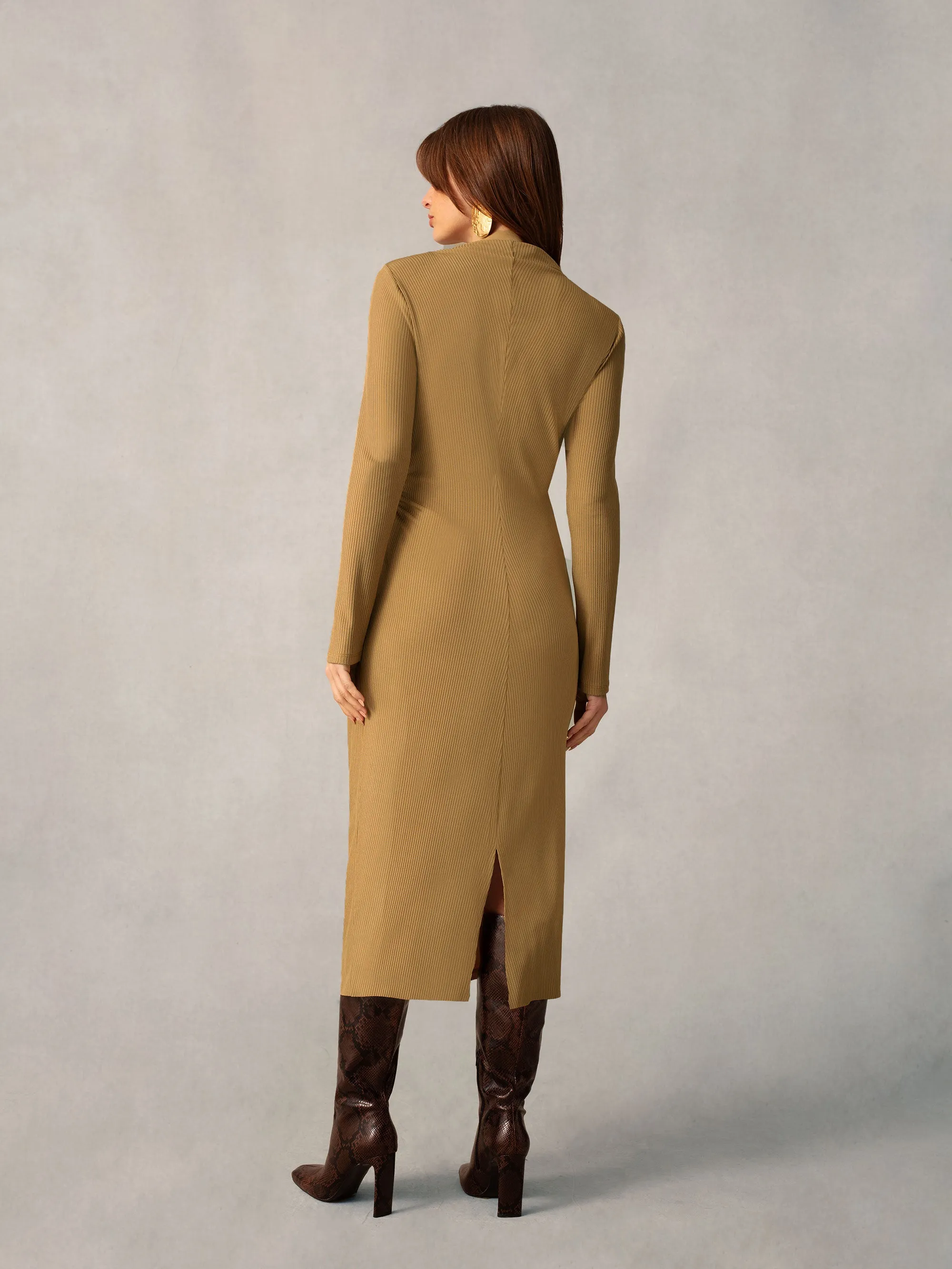 Tan Ribbed Jersey Gathered Dress