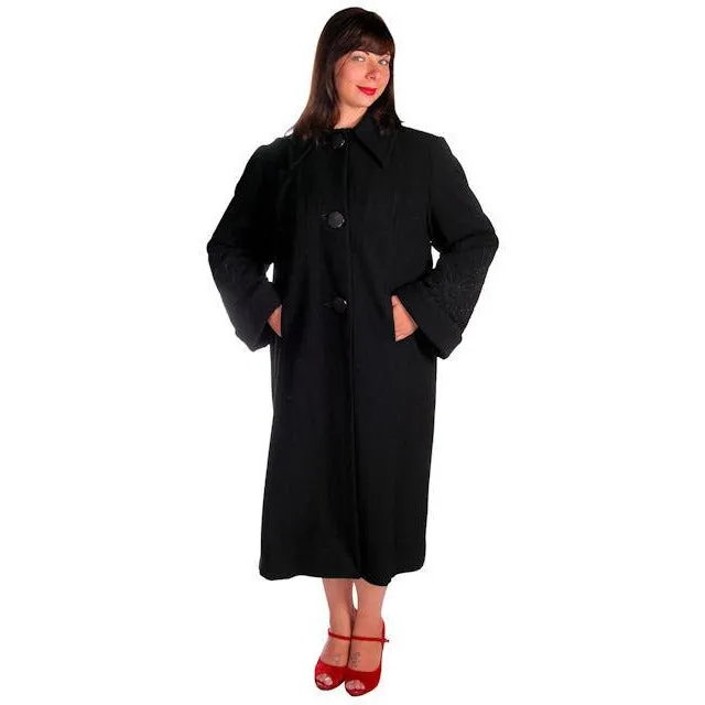 Vintage Black Wool Swing Coat Fab Sleeve Beading Details 1940s M-XL