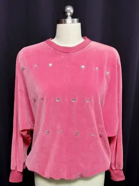 *VINTAGE CHAUS HOT PINK PRONG-SET RHINESTONE STUDDED VELOUR TOP