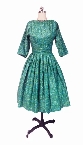 *VINTAGE JOHN WOLF FABRIC MEO OF CALIFORNIA GREEN PRINT POLISHED COTTON DRESS IN JOHN WOLF FABRIC WITH METAL ZIPPER