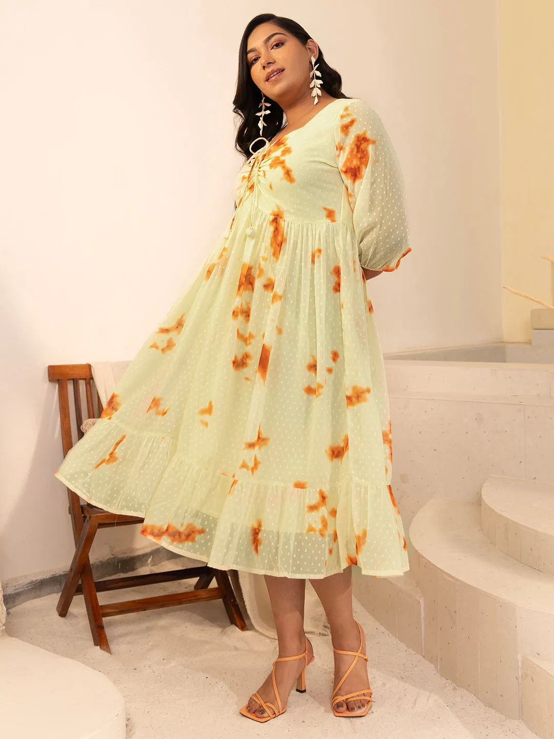 Yellow Dobby Georgette Tie & Dye Fit & Flare Dress